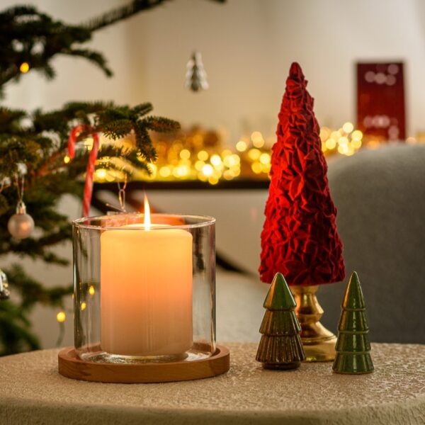 Świecznik szklany cylinder H15 z drewnianą podstawką H1,8