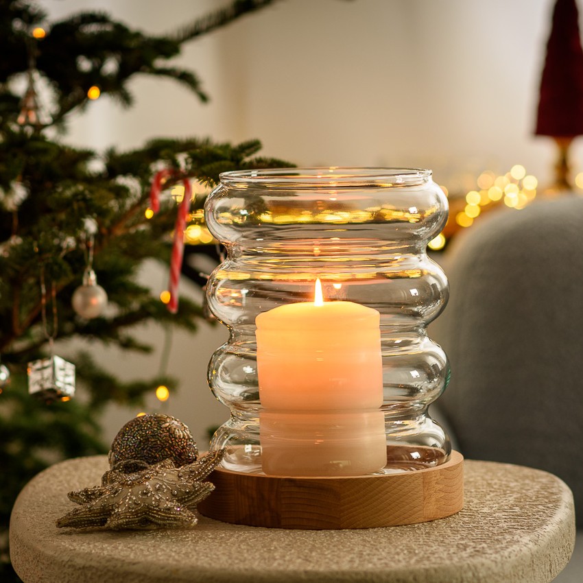 Świecznik szklany wazon dekoracyjny 24 cm z drewnianą podstawką