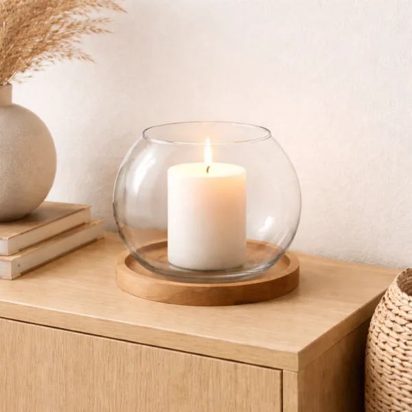 Świecznik szklany kula D18 z podstawką drewnianą