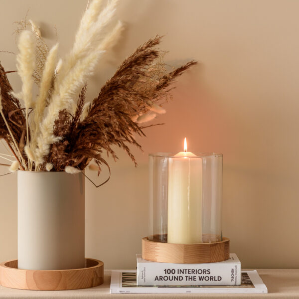 Świecznik szklany wazon cylinder H20 z drewnianą podstawką H3,8