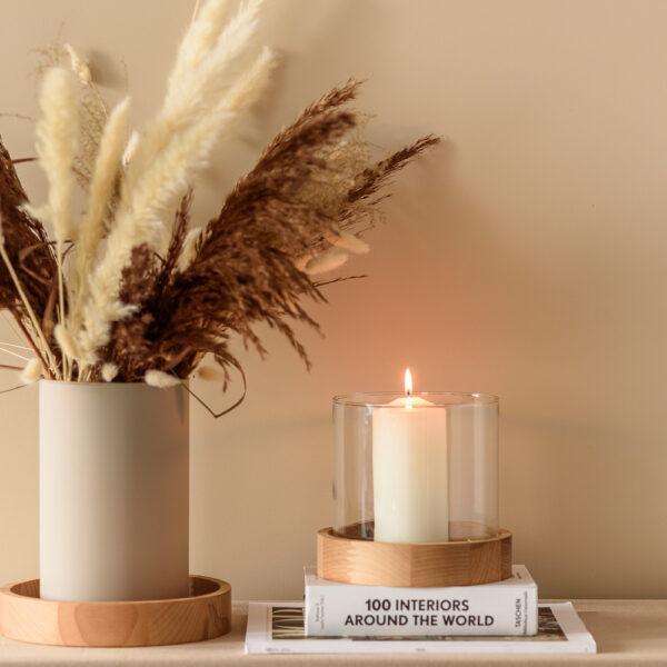 Świecznik szklany wazon cylinder H15 z drewnianą podstawką H3,8