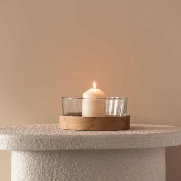 Świecznik szklany misa szer. 19 cm z drewnianą podstawką