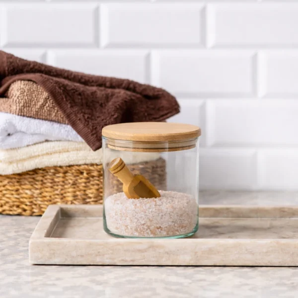 Pojemnik szklany do przechowywania PURE HOME z pokrywką drewnianą 10 cm